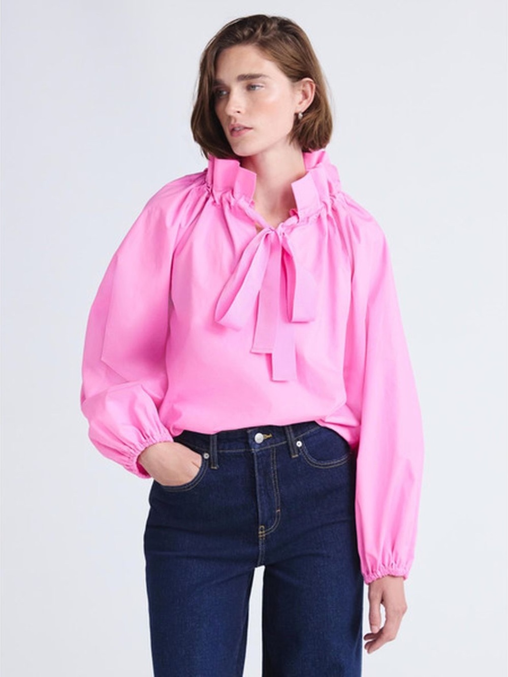 NWT Free Assembly Pink Ruffle Neck Tie Long Sleeve Top Size S